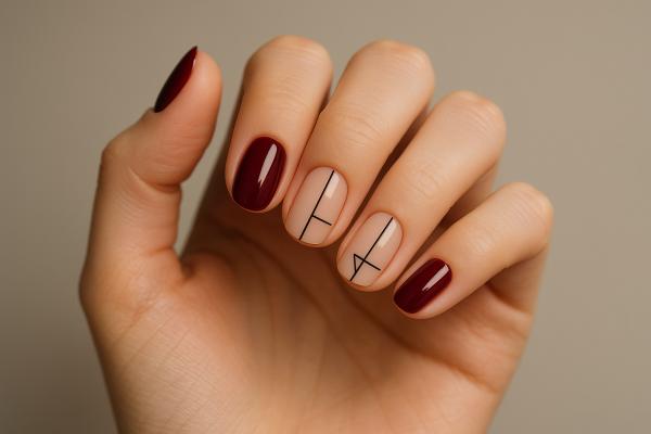 Uñas granates: ideas de diseños elegantes y en tendencia - Uñas granates con detalles geométricos