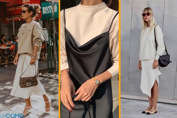 Cómo usar un slip dress o vestido lencero - Vestido lencero con sudadera