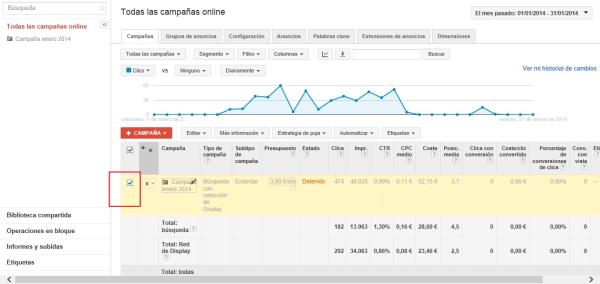 Cómo eliminar una campaña de Adwords - Paso 2