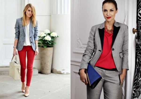 Cómo combinar un blazer gris - Blazer gris con prendas rojas