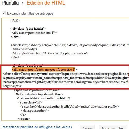 Cómo añadir el botón de 'Me gusta' de Facebook en Blogger - Paso 6