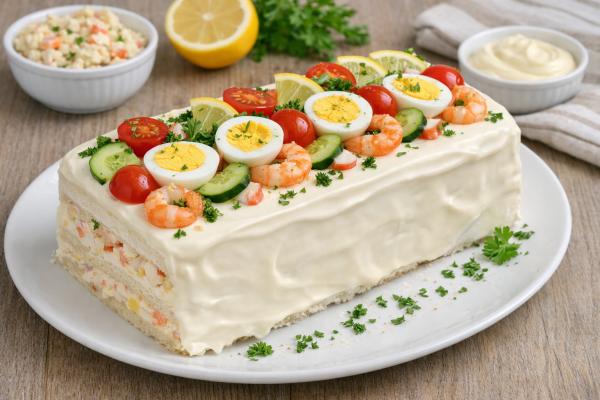Las mejores recetas de pasteles salados fríos: muy fáciles - Pastel frío de surimi (palitos de cangrejo)