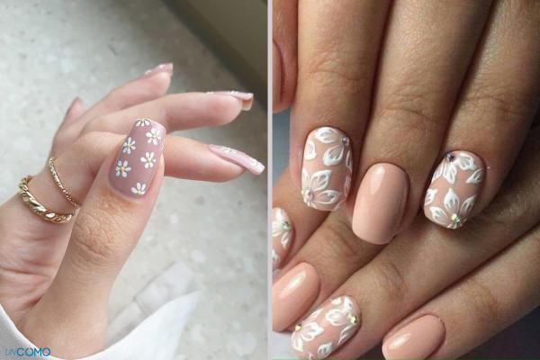 Diseños de uñas beige: un color elegante para tu manicura - Uñas beige con diseños florales