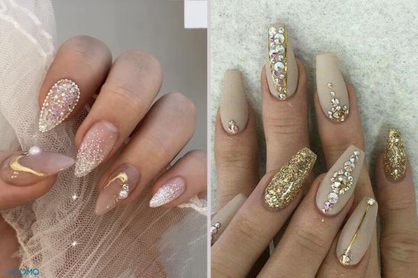 Diseños de uñas beige: un color elegante para tu manicura - Uñas beige elegantes con pedrería