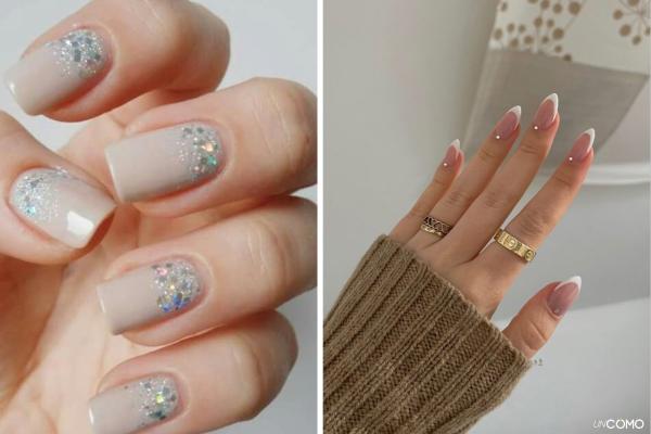 Uñas de invierno sencillas: las mejores ideas para esta temporada - Uñas nude con destellos plateados