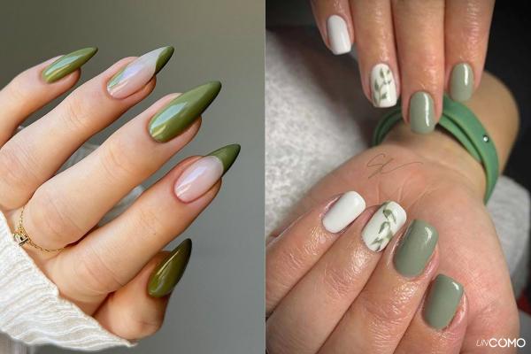 Top diseños de uñas verde oliva que te harán triunfar - Uñas verde oliva con blanco