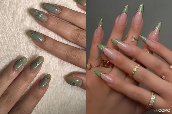 Top diseños de uñas verde oliva que te harán triunfar - Uñas verde oliva con detalles metálicos