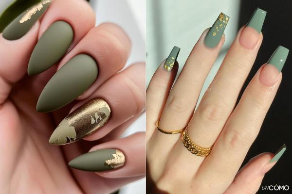 Top diseños de uñas verde oliva que te harán triunfar - Uñas verde oliva con dorado