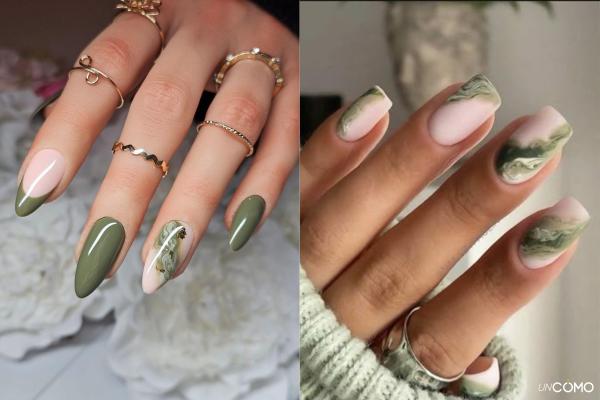 Top diseños de uñas verde oliva que te harán triunfar - Uñas verde oliva con efecto mármol