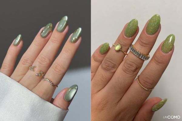 Top diseños de uñas verde oliva que te harán triunfar - Uñas verde oliva con glitter