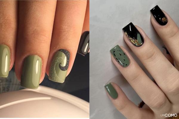 Top diseños de uñas verde oliva que te harán triunfar - Uñas verde oliva con negro