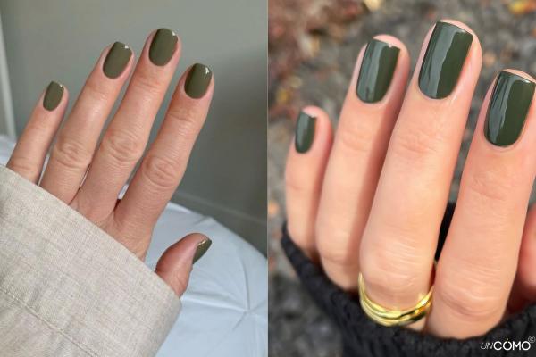 Top diseños de uñas verde oliva que te harán triunfar - Uñas verde oliva lisas y brillantes