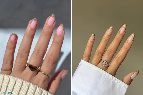 Diseños de uñas doradas: brillantes, decoradas y combinadas para una manicura elegante - Uñas doradas y blancas en estilo francés renovado
