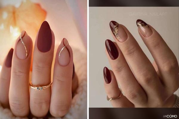 Uñas de Fin de Año: diseños para Nochevieja que te harán lucir espectacular - Uñas burdeos con glitter dorado