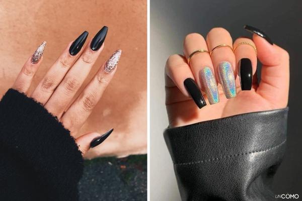 Uñas de Fin de Año: diseños para Nochevieja que te harán lucir espectacular - Uñas negras con glitter plateado