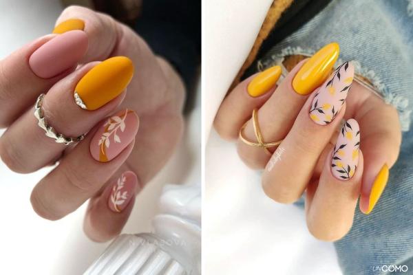 Uñas mostaza: los mejores diseños para lucir este color - Uñas mostaza con detalles florales
