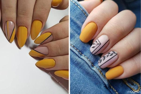 Uñas mostaza: los mejores diseños para lucir este color - Uñas mostaza con diseño abstracto