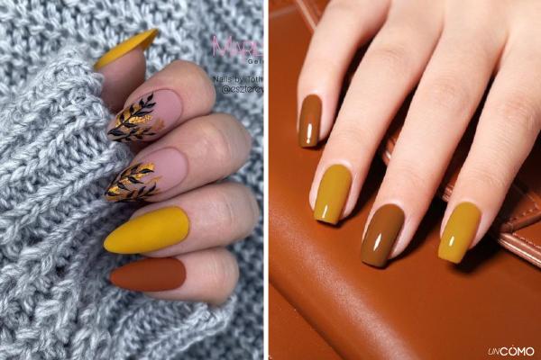 Uñas mostaza: los mejores diseños para lucir este color - Uñas mostaza con marrón o beige: armonía otoñal
