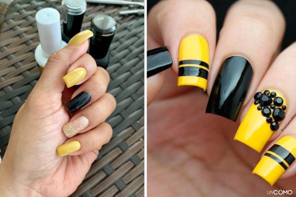 Uñas mostaza: los mejores diseños para lucir este color - Uñas mostaza con negro: contraste y modernidad