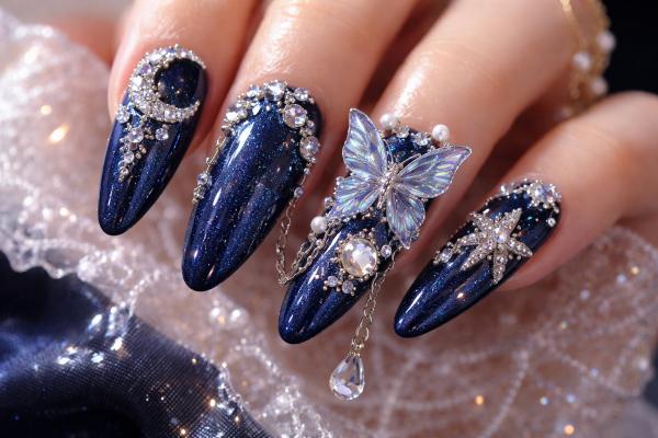 Uñas azul marino o Navy Blue Nails: los mejores diseños - Uñas azul marino con texturas 3D y elementos táctiles
