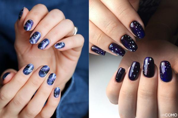 Colores y diseños de uñas cortas de invierno en tendencia - Azul noche con estrellas minimalistas
