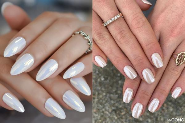 Colores y diseños de uñas cortas de invierno en tendencia - Blanco lechoso con efecto perlado