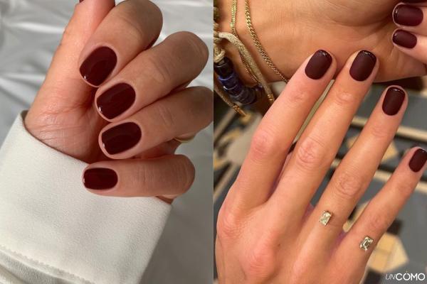 Colores y diseños de uñas cortas de invierno en tendencia - Borgoña profundo con acabado brillante