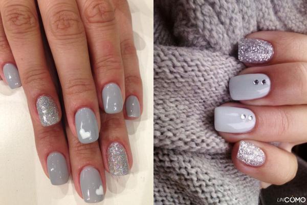 Colores y diseños de uñas cortas de invierno en tendencia - Gris perla con acentos plateados