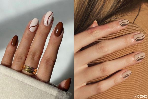 Colores y diseños de uñas cortas de invierno en tendencia - Marrón chocolate con líneas geométricas