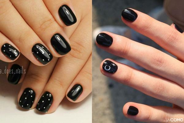 Colores y diseños de uñas cortas de invierno en tendencia - Negro elegante con detalles minimal en blanco