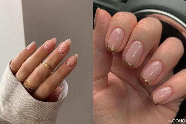Colores y diseños de uñas cortas de invierno en tendencia - Nude cálido con detalles dorados