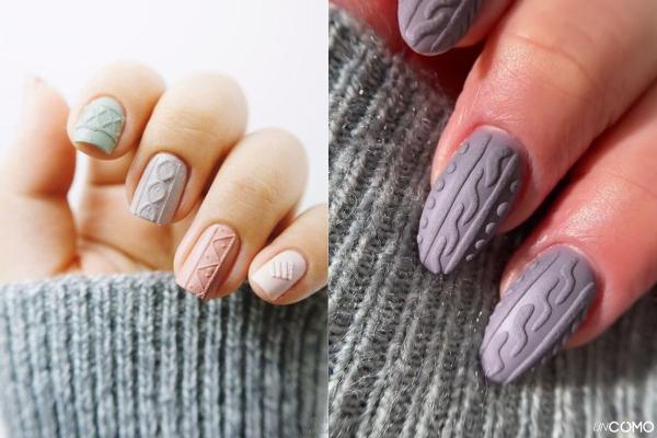 Colores y diseños de uñas cortas de invierno en tendencia - Tonos taupe con textura efecto tejido