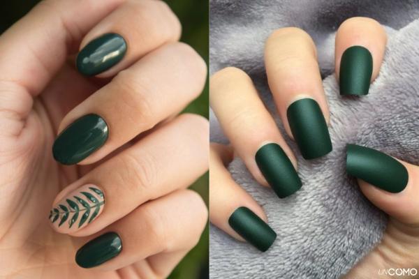 Colores y diseños de uñas cortas de invierno en tendencia - Verde bosque con efecto mate