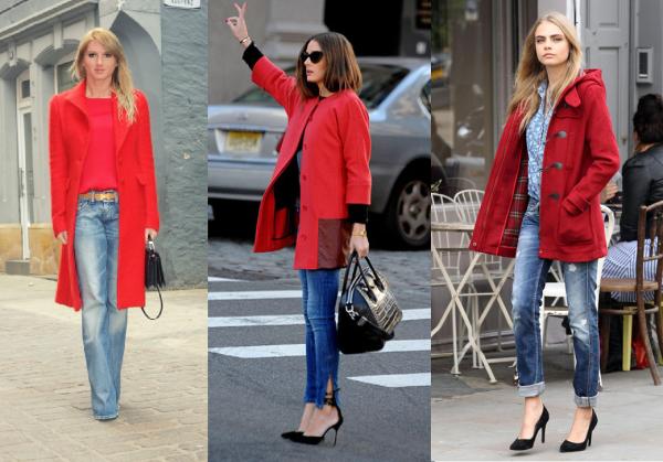 Cómo combinar un abrigo rojo - Abrigo rojo con jeans